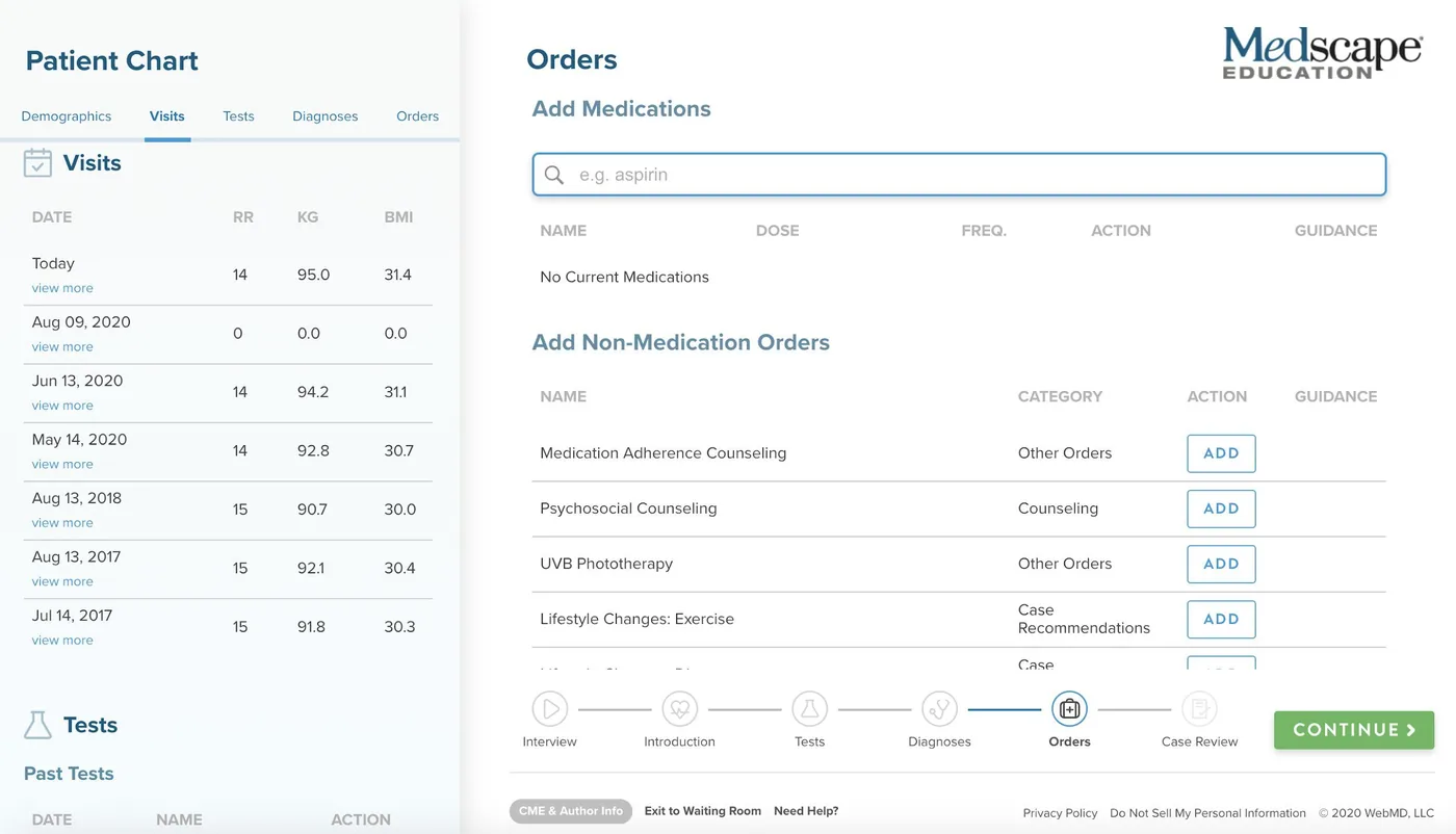 Medscape Education virtual patient chart interface