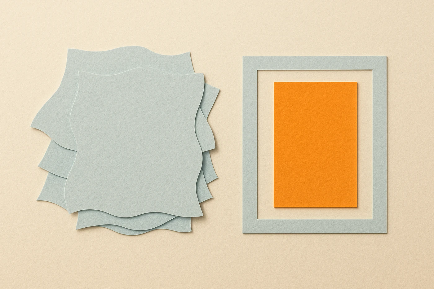 Cut-paper illustration of a loose stack of wavy-edged pale blue paper slips beside a single crisp orange rectangle set inside a pale blue frame