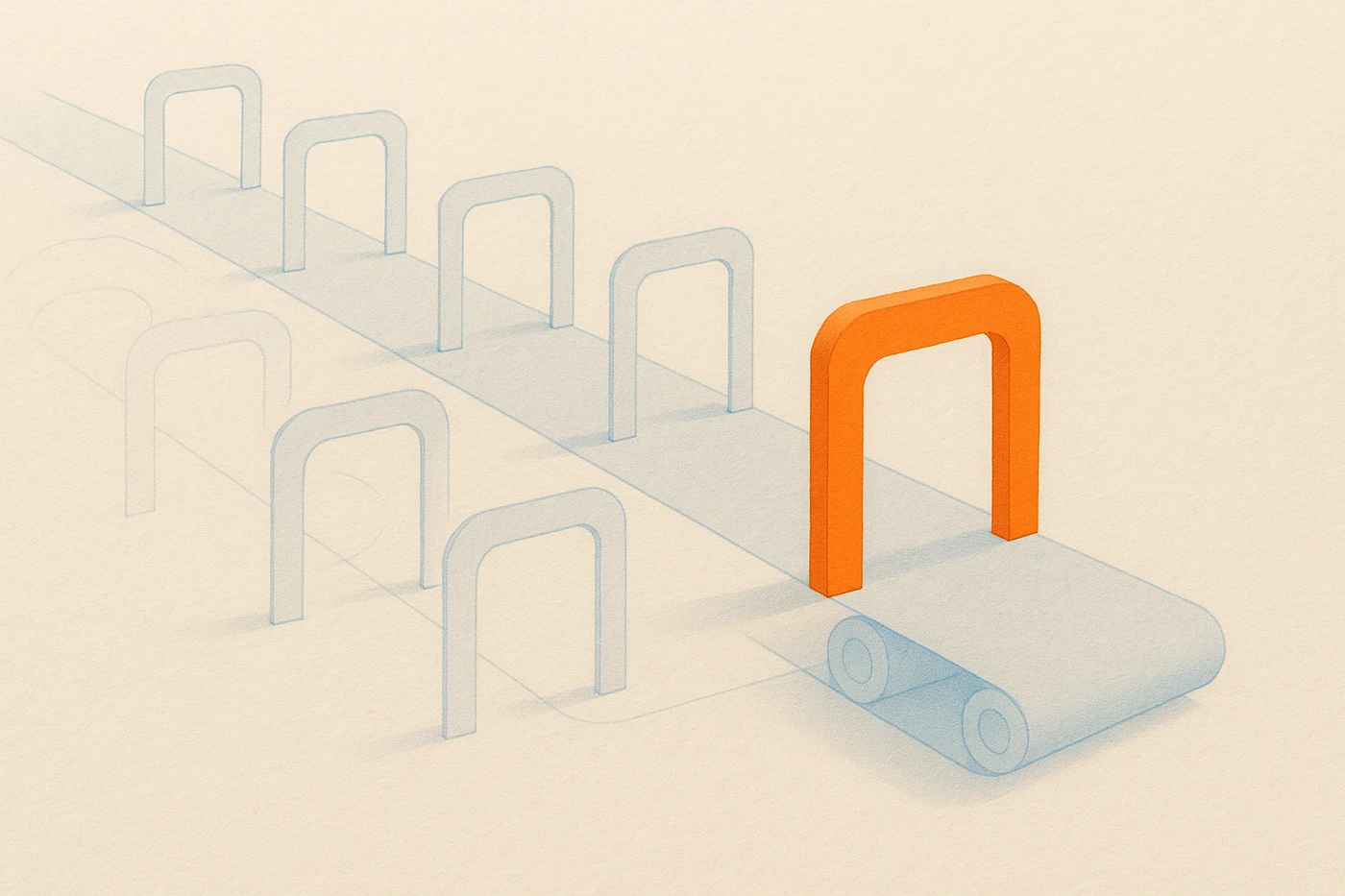 Cut-paper illustration of a pale blue assembly line of identical faint blue checkpoint gates in a row, one orange gate near the end drawn heavier than the rest, the last human decision before the work ships