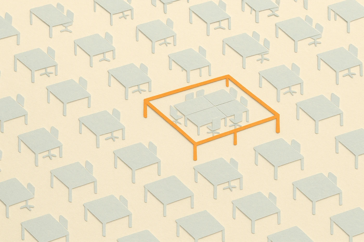 Cut-paper illustration of a pale blue architectural floor plan of an open-plan office with rows of identical faint desks stretching to every edge, one orange fence enclosing a small cluster near the center, the only bounded space in the whole layout