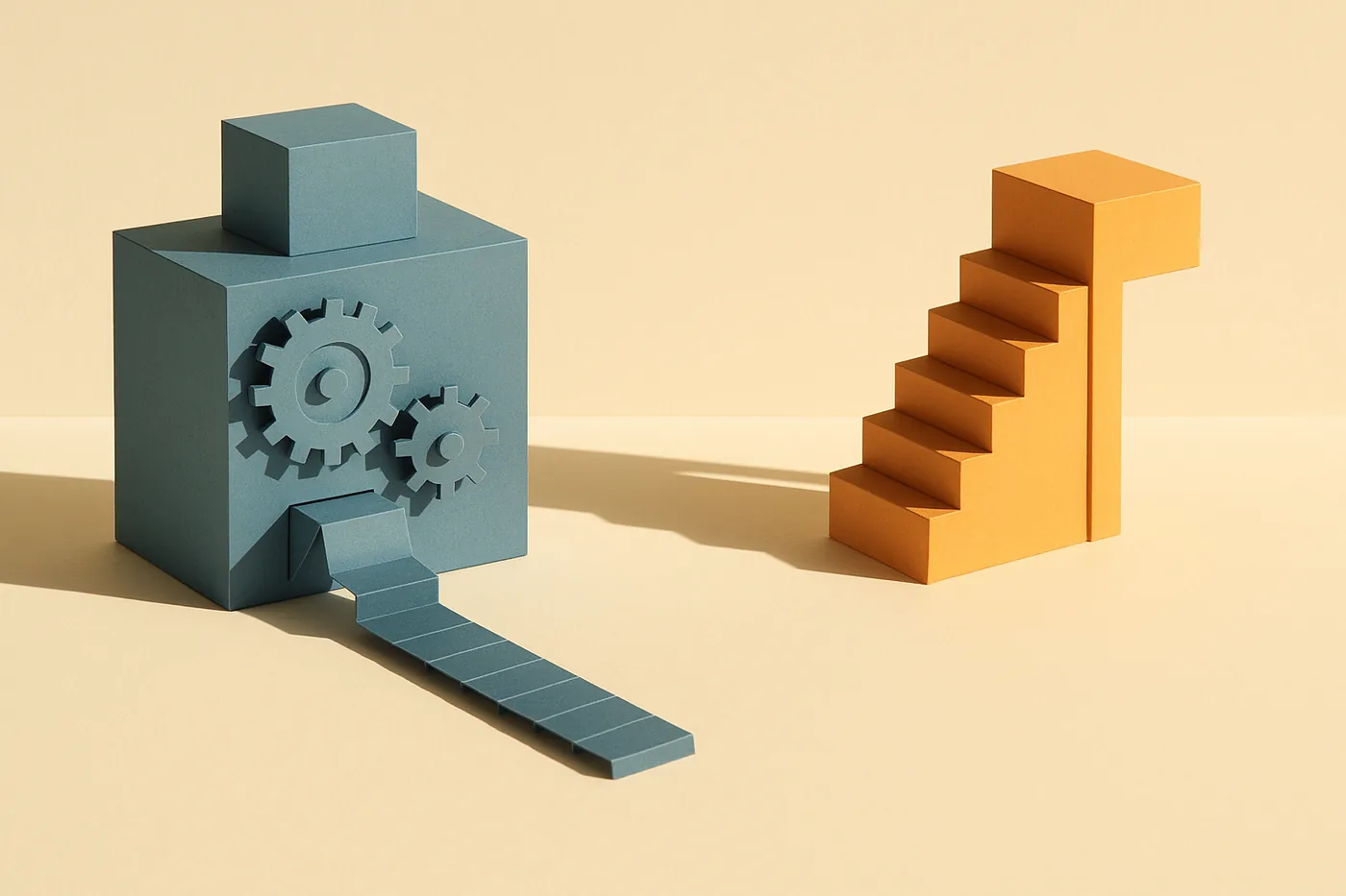 Cut-paper illustration of a blue machine whose ribbon of output ends at an empty gap, across which an orange staircase rises to a higher decision platform