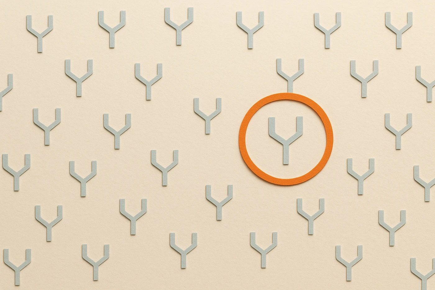 Cut-paper illustration of a pale blue field of small identical decision-branch diagrams scattered across the frame, one orange circle marking the single branch that's been traced and tested before any model got chosen
