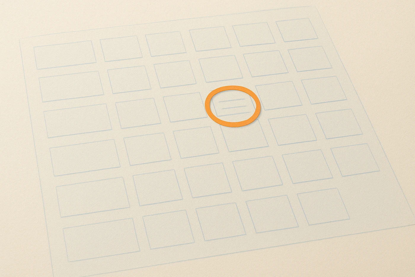 Cut-paper illustration of a pale blue roadmap of dozens of identical faint blue backlog cards laid out edge to edge in even rows, one orange circle marking the single card that's been checked against a durable advantage before anyone called it a strategy