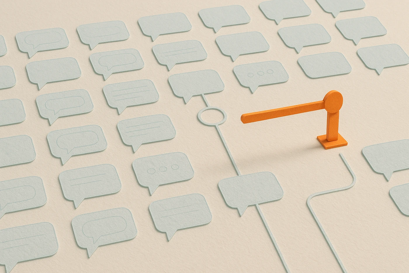 Cut-paper illustration of a pale blue grid of identical chat-bubble tiles stretching to the edges of the frame, one orange checkpoint bar raised across a single lane leading out, the only place the flow stops before it acts