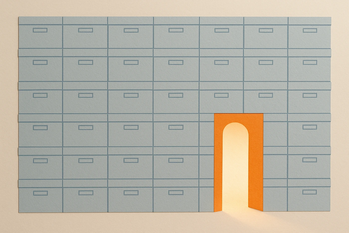 Cut-paper illustration of a tall blue paper wall assembled from dozens of identical stacked document boxes spanning the whole frame, with a single orange doorway cut through it at human height, ivory light spilling from the far side
