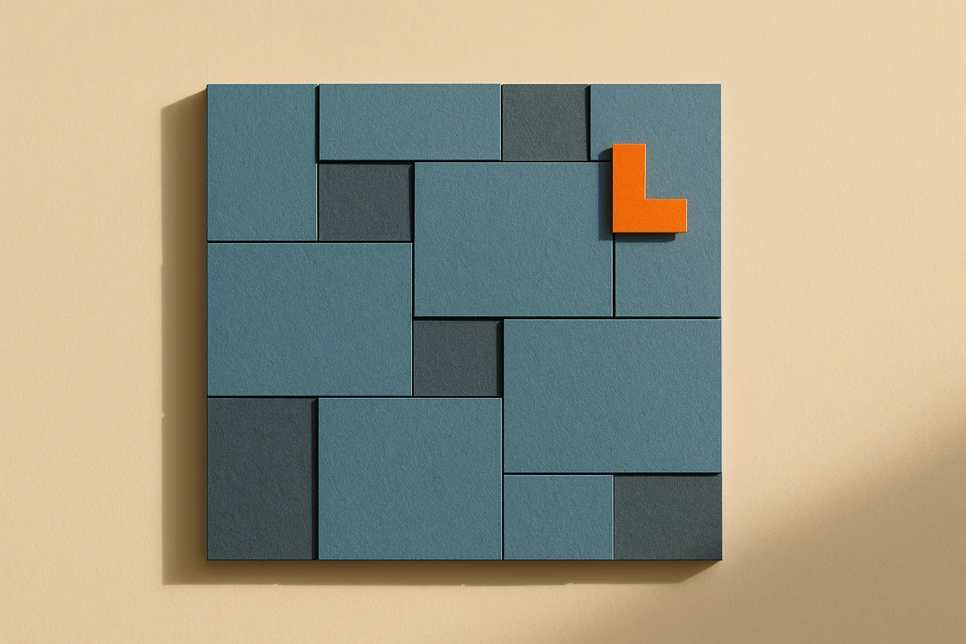 Cut-paper illustration of a tidy wall of interlocking blue interface blocks, with one small orange modifier piece clipped onto a single block