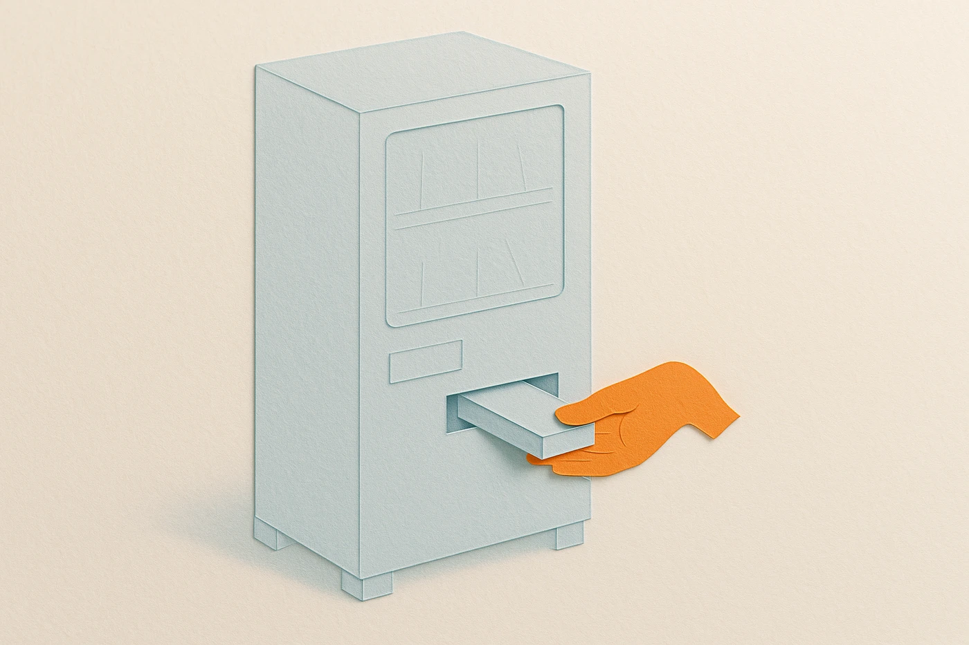 Cut-paper illustration of a pale blue paper vending machine with a small orange hand coming out of its side, passing an item through the dispenser slot