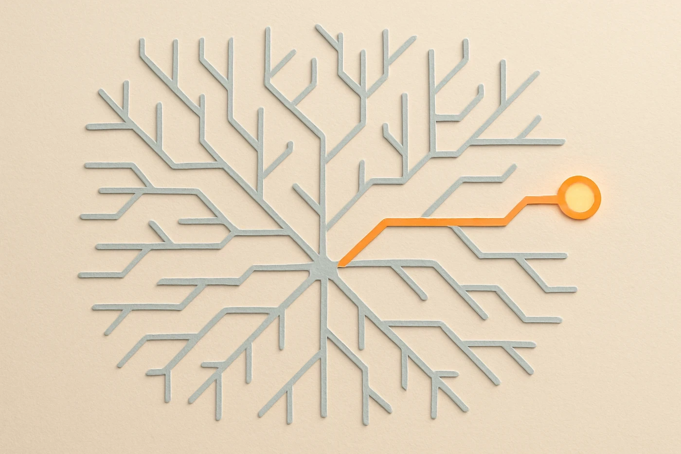 Cut-paper illustration of a branching field of pale blue paths radiating from a center, with one orange path chosen and lit at its endpoint