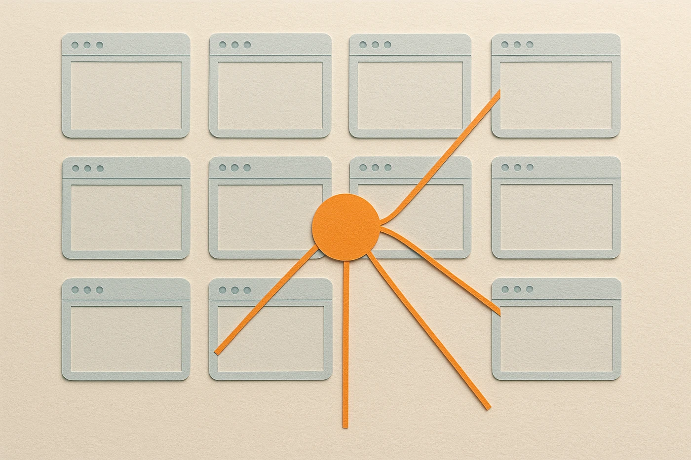 Cut-paper illustration of a flat grid of identical pale blue browser-window outlines, one orange node with thin lines reaching into several windows at once, like a single hand working a filing cabinet instead of a person opening one drawer at a time