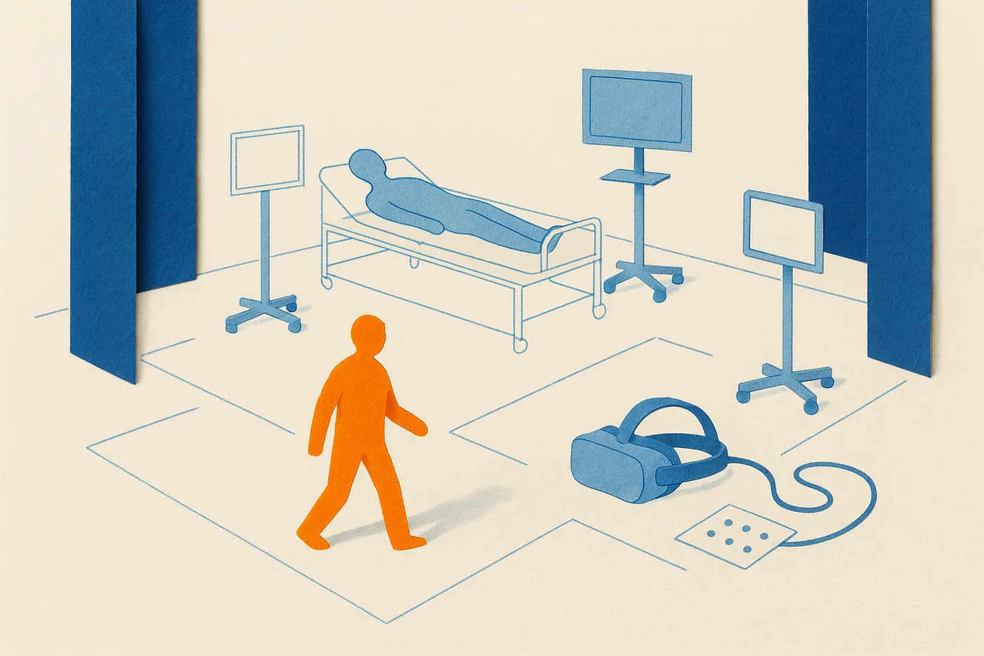 Cut-paper illustration of a simulation lab drawn as a faint blue blueprint with one solid orange figure standing in the center of the room mid-decision