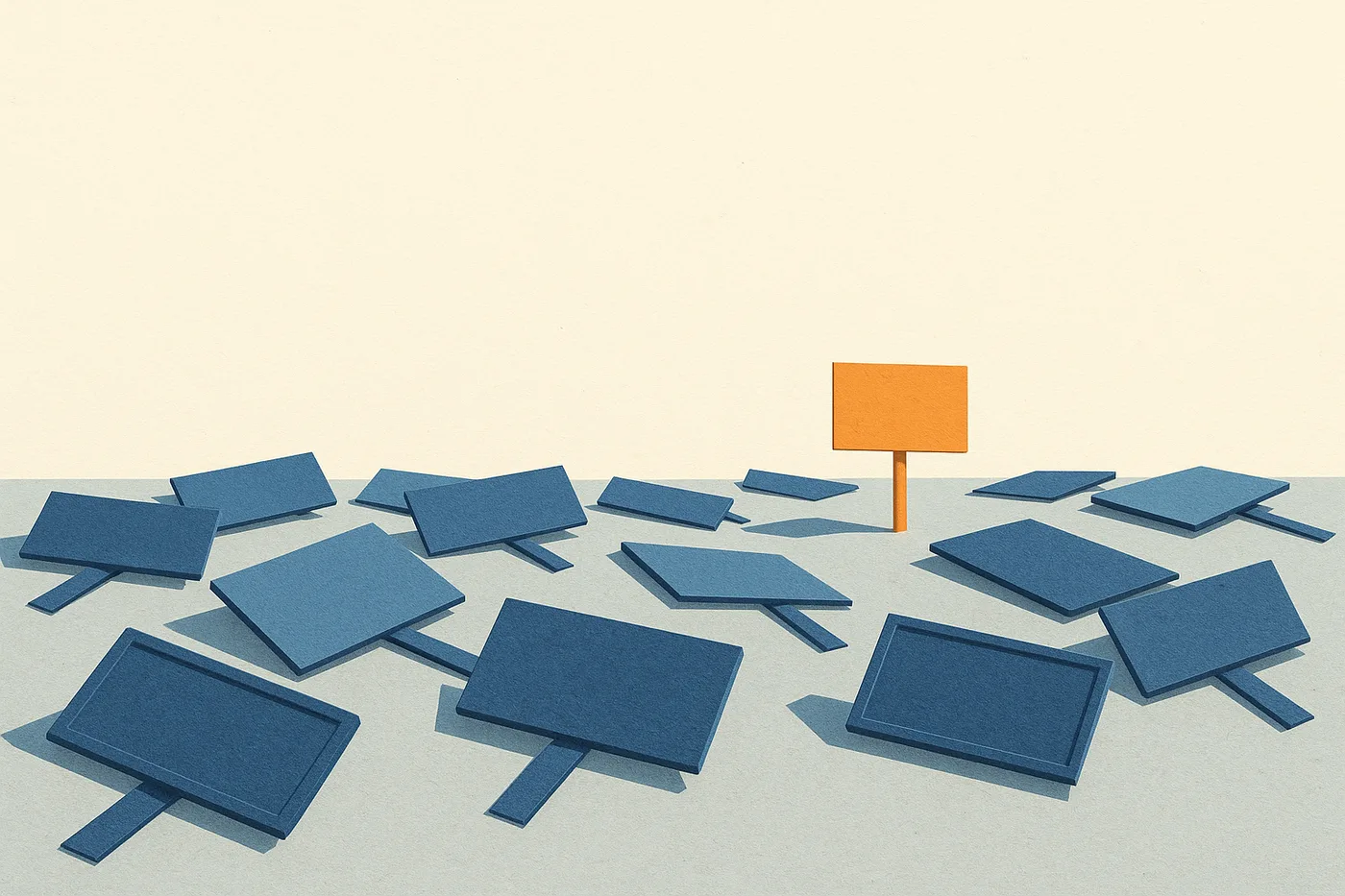 Cut-paper illustration of a field of toppled blue signboards with one small orange sign still standing upright on its post