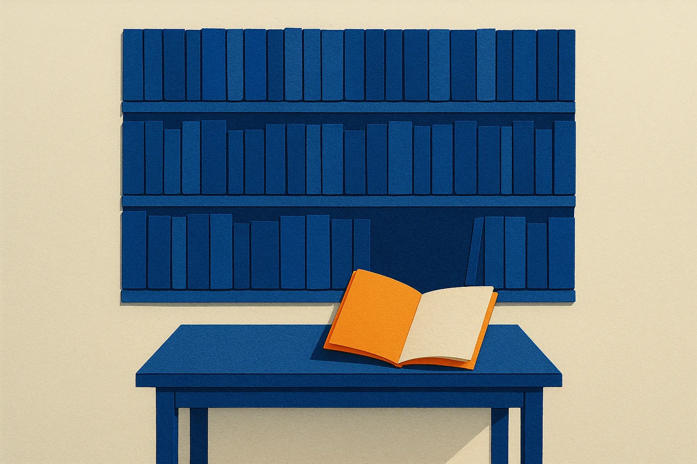 Cut-paper illustration of shelves of closed blue books with a gap in the bottom row and one orange notebook lying open on the desk below