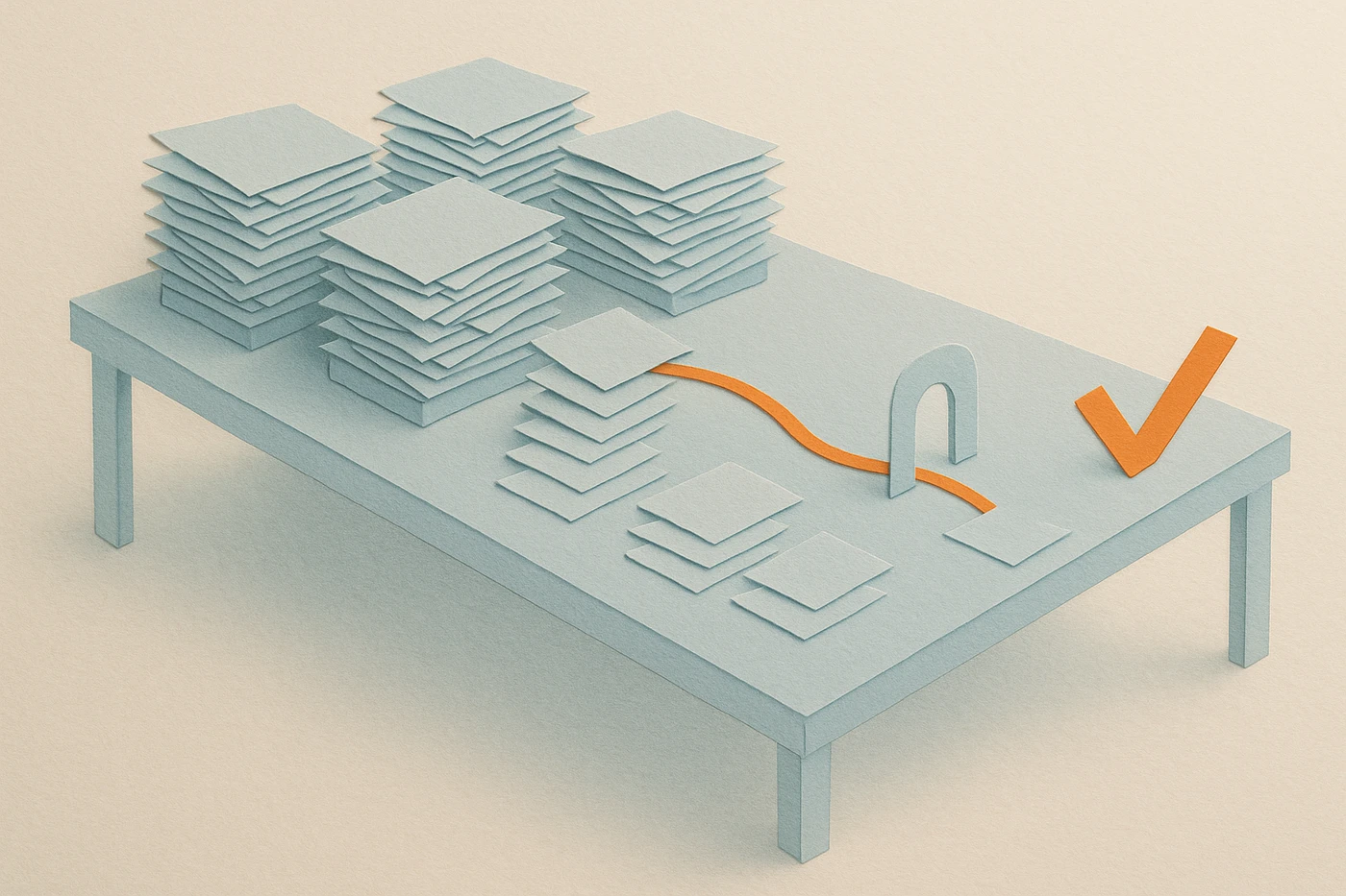 Cut-paper illustration of a pale blue paper desk crowded with identical overflowing in-trays, one orange thread pulled from a single note through a narrow gate to a lit checkmark at the desk's far edge