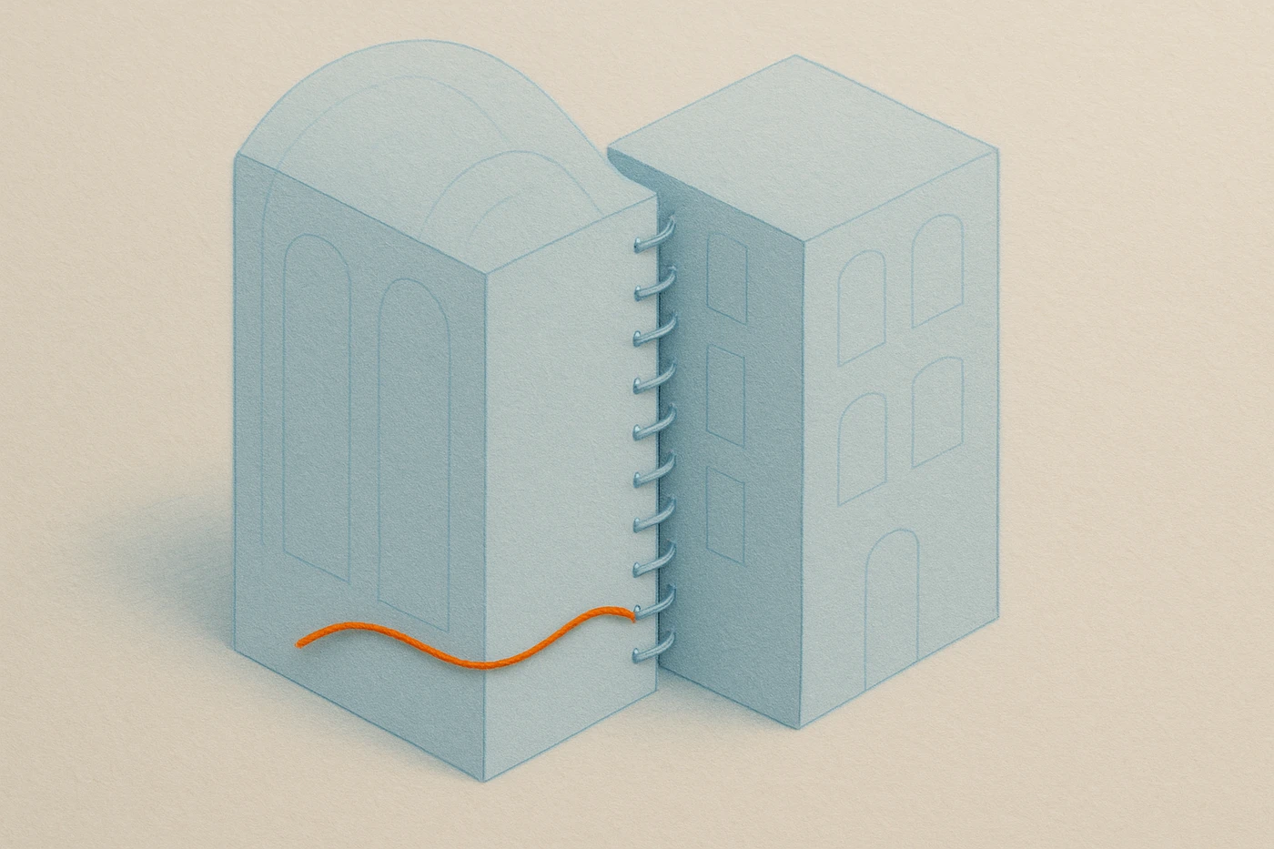 Cut-paper illustration of two pale blue paper buildings pressed together, their seam fastened by rows of identical small blue clamps; one orange thread running through the left building is caught and broken at the join