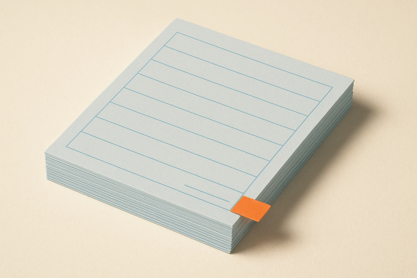 Cut-paper illustration of a neat stack of identical pale blue forms with rows of blank lines, one orange tab clipped to a single line on the top sheet