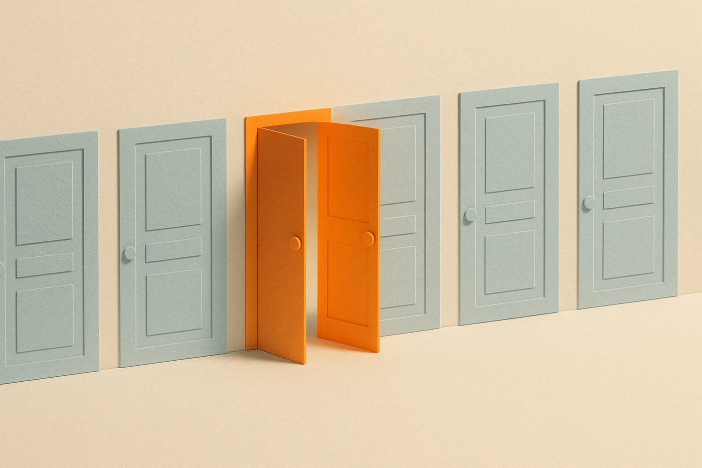 Cut-paper illustration of a row of identical pale blue latched doors, one orange door propped open by a wedge among them