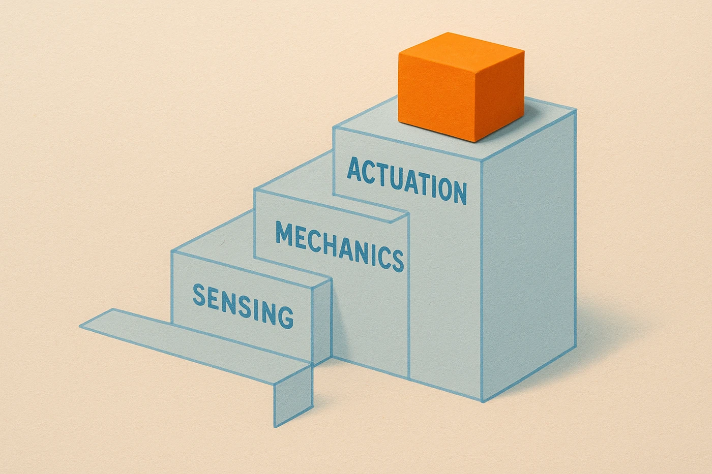 Cut-paper illustration of a pale blue flat staircase of four labeled paper blocks rising left to right, with a single orange block resting on the top step where all four meet, casting the only shadow in the frame