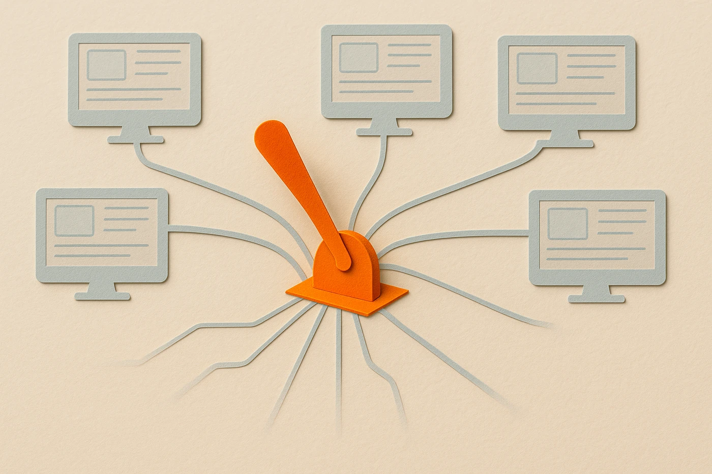 Cut-paper illustration of a single orange lever at a switchboard, with thin lines fanning out to many identical pale blue screen-panels, all displaying the same layout because that one lever set it