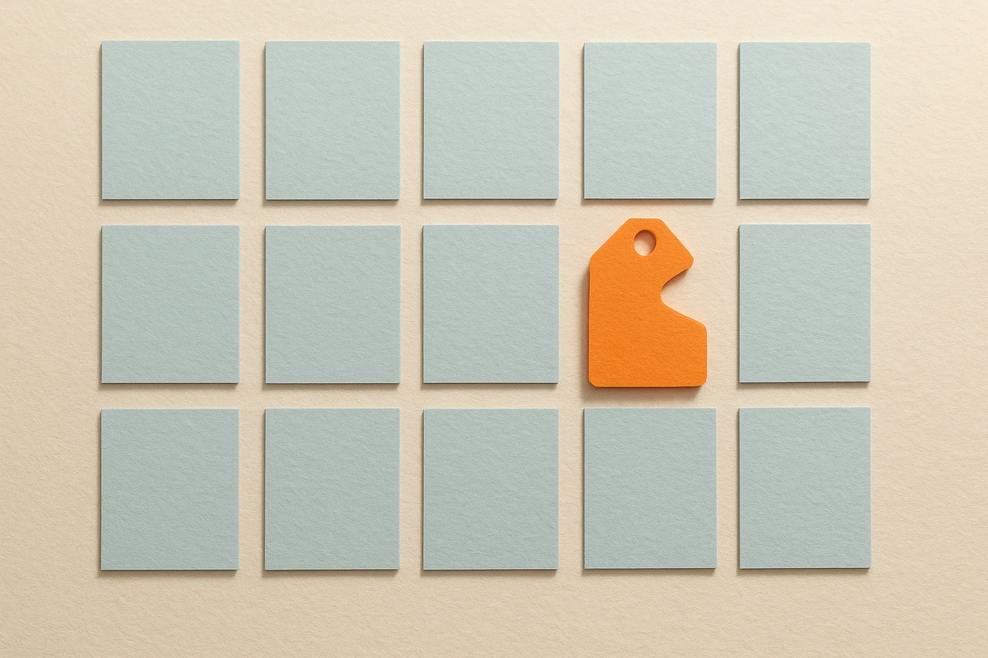 Cut-paper illustration of a wall of identical pale blue roadmap cards in a neat grid, one orange card shaped differently pinned among them like a piece that doesn't fit its slot