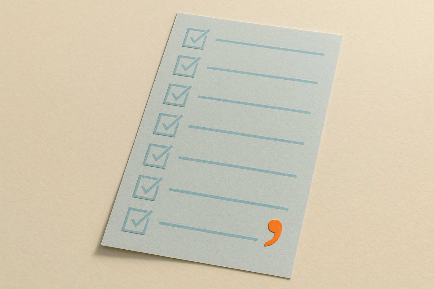 Cut-paper illustration of a long pale blue paper checklist filling the frame with rows of identical ticked boxes, and one orange row near the centre that has no box on it, only an open quotation mark