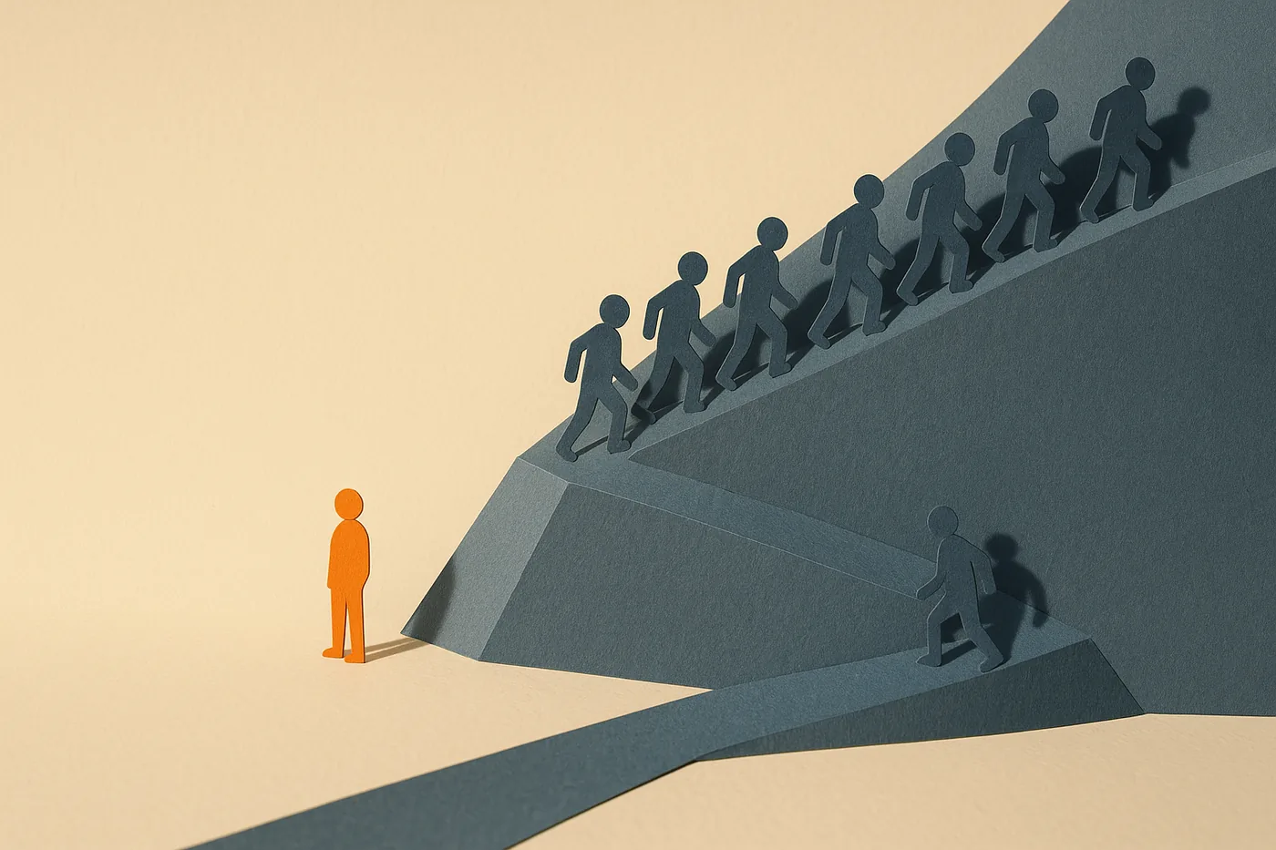 Cut-paper illustration of a single-file line of blue paper figures climbing a steep ridge while one orange figure stands still at the base, facing the open valley