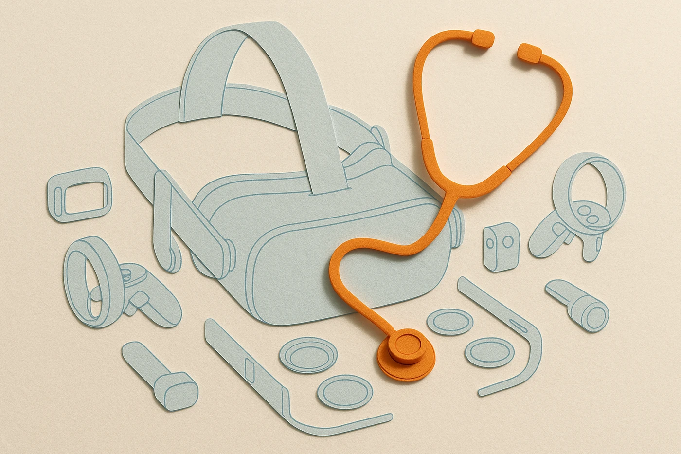 Cut-paper illustration of a pale blue exploded-view diagram of a VR headset laid out like a hardware manual, every lens and strap labeled, with one small solid orange stethoscope resting on top of the parts, untouched by any label