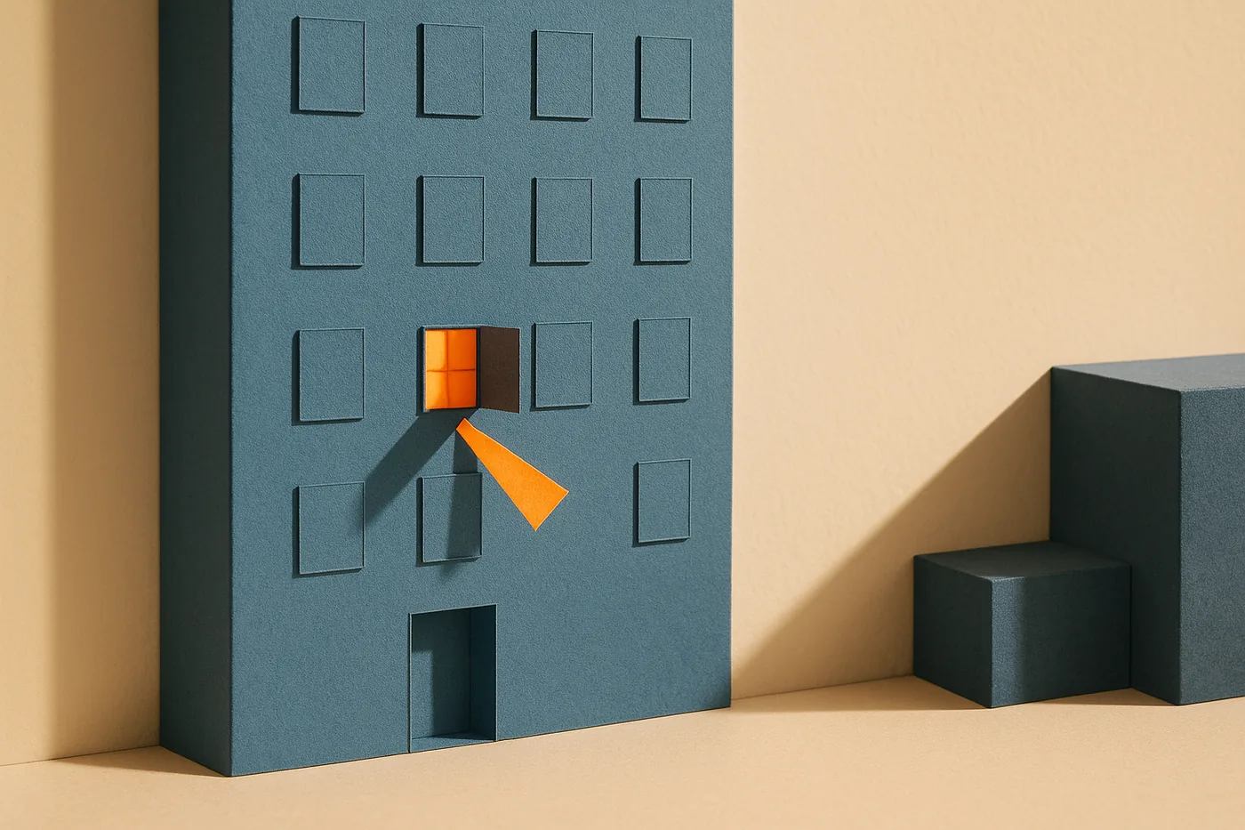 Cut-paper illustration of a quiet blue building where every window is closed except one, glowing warm orange with a ray of light spilling out