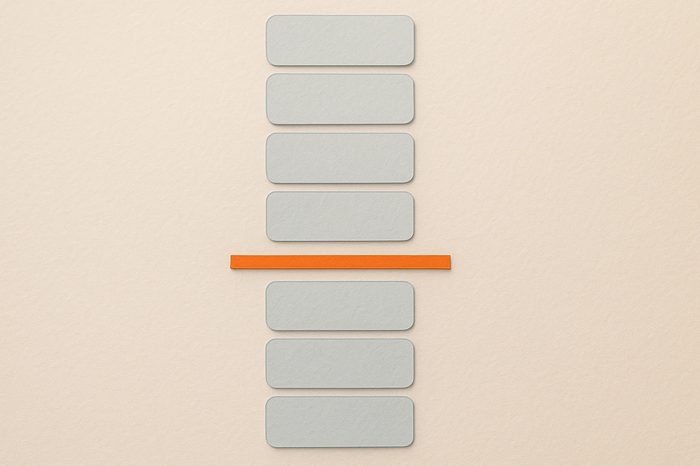 Cut-paper illustration of a tall column of identical faint blue idea cards with one orange horizontal cut line drawn across it at a fixed height, the cards below the line left untouched