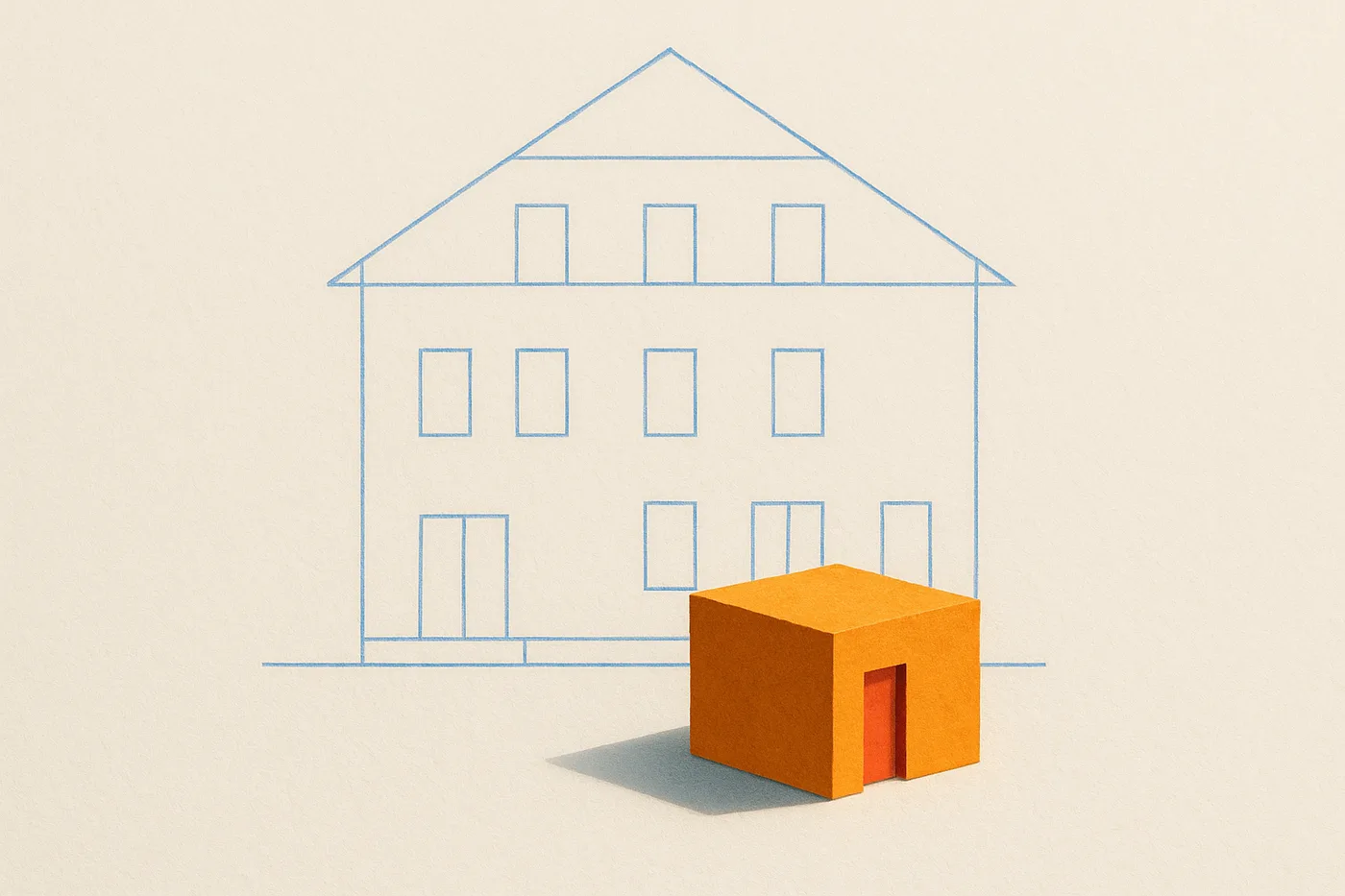 Cut-paper illustration of a faint blue outline blueprint of a whole house with one small orange room built solid and finished at its base