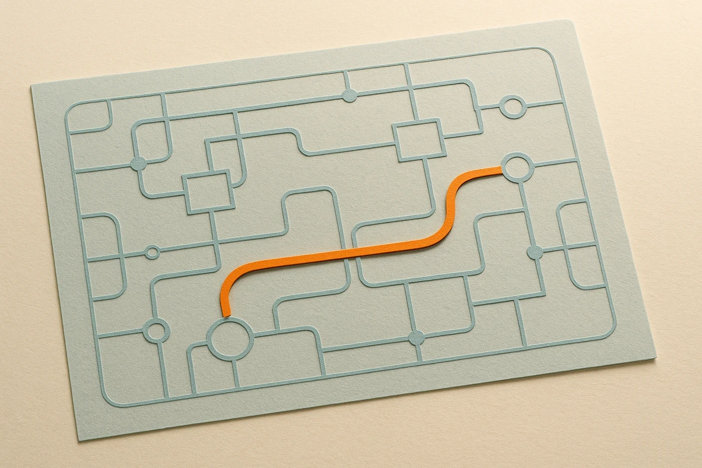 Cut-paper illustration of a pale blue circuit-like map of routes and nodes with one orange path connecting two nodes through the network