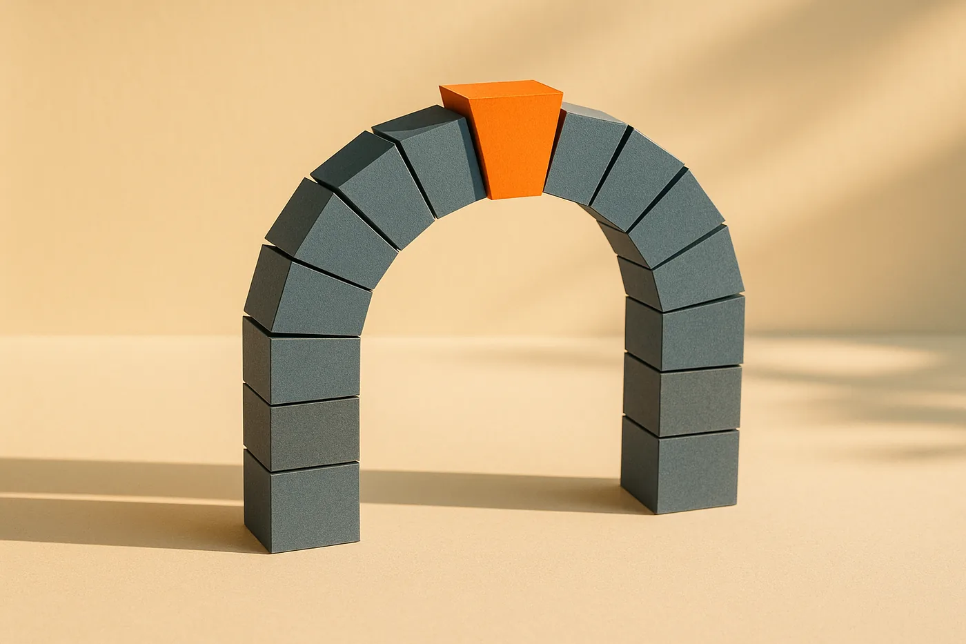 Cut-paper illustration of an arch built from identical blue blocks with a single orange keystone at the crown holding the span together