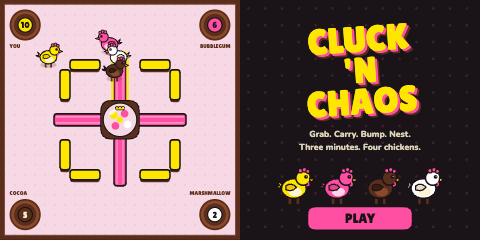 Cluck 'n Chaos title card: the candy-temple arena with four chickens beside chunky yellow logo type on licorice black