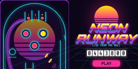 Neon Runway: a neon pinball playfield under a synthwave sunset beside the chrome Neon Runway logo