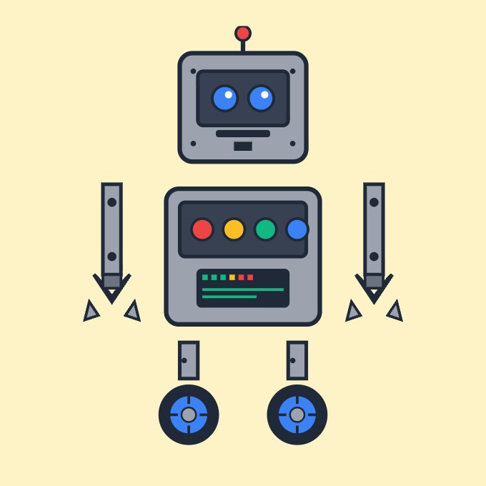 A built robot: boxy head with blue eyes, panel torso, clamp arms and wheels