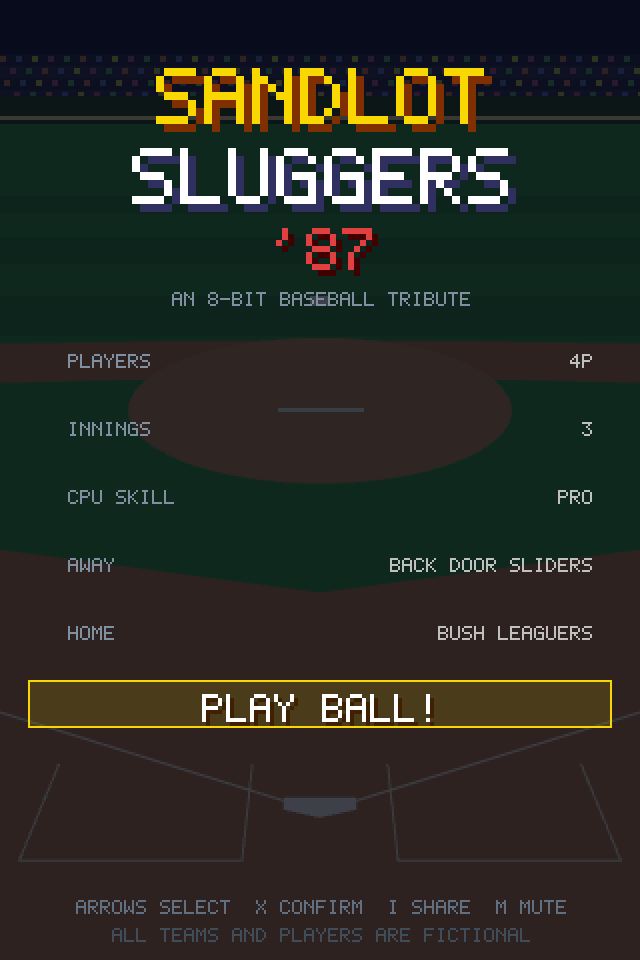Sandlot Sluggers '87 title screen: pixel type over a night ballpark