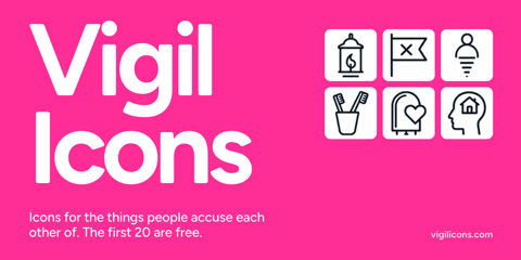 The words Vigil Icons set in Vigil, white on hot pink, beside six of the icons.